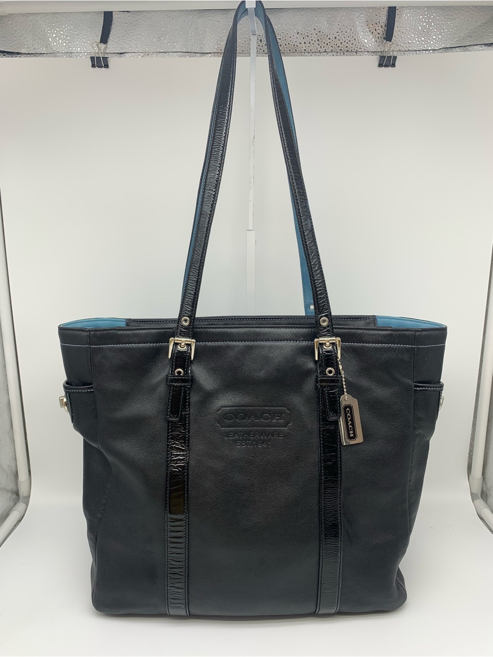 Coach Vintage Leatherware Tote 5787 Black W/Blue Interior, Patent Leather Trim - Picture 2 of 15